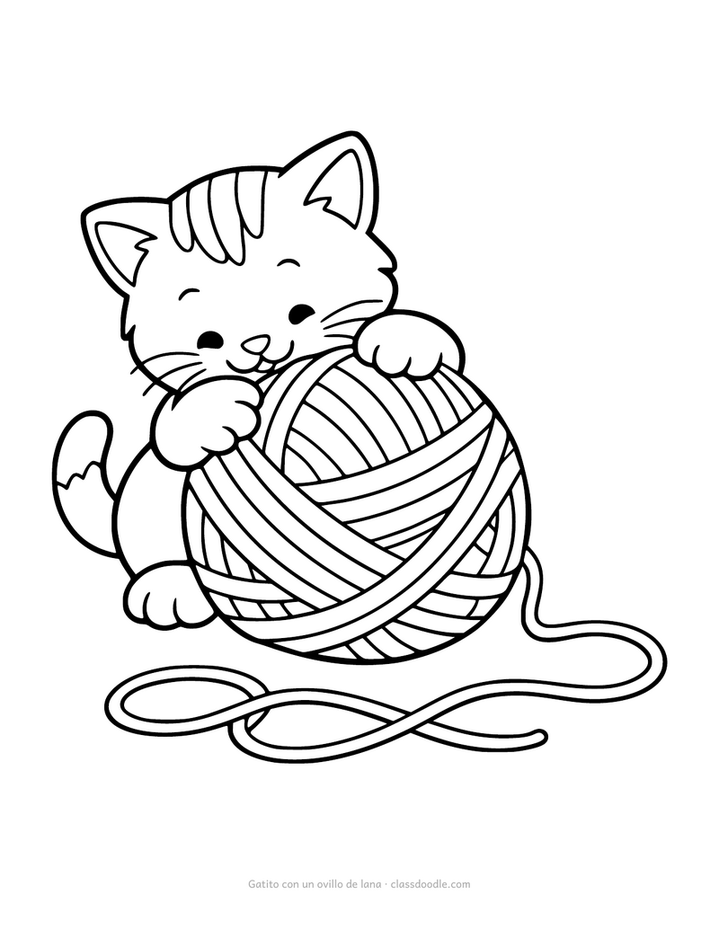 Gatito para colorear abrazado a un ovillo de lana con un hilo suelto