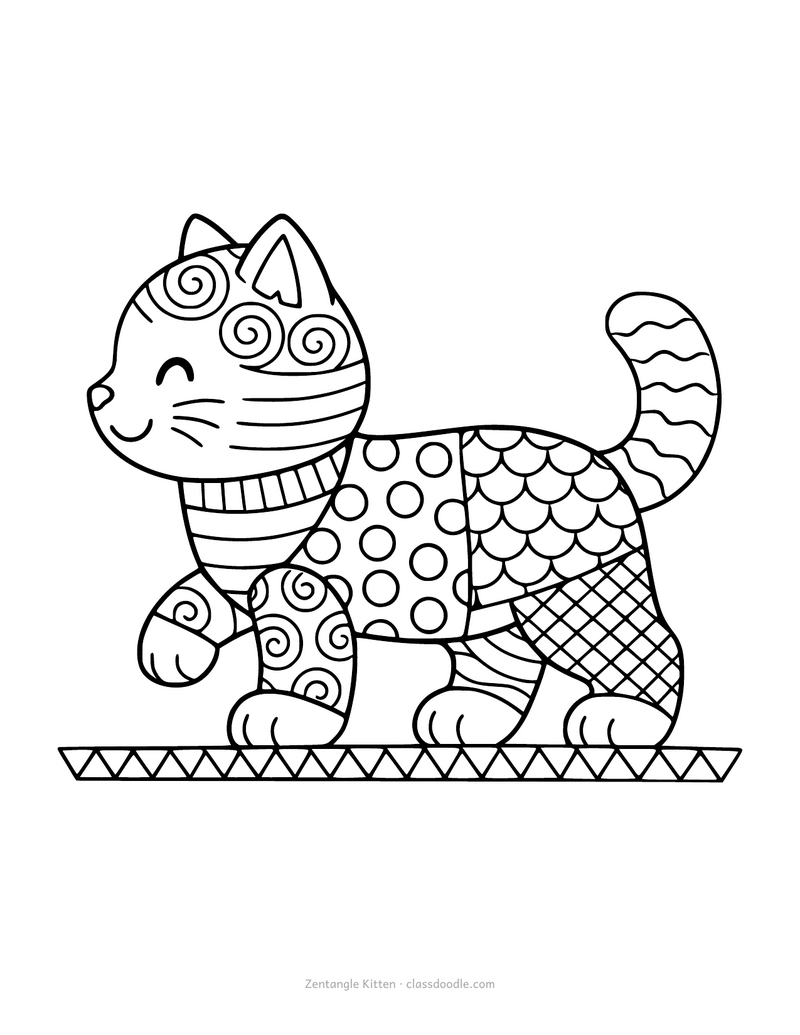 Zentangle kitten coloring page for adults with patterned panels