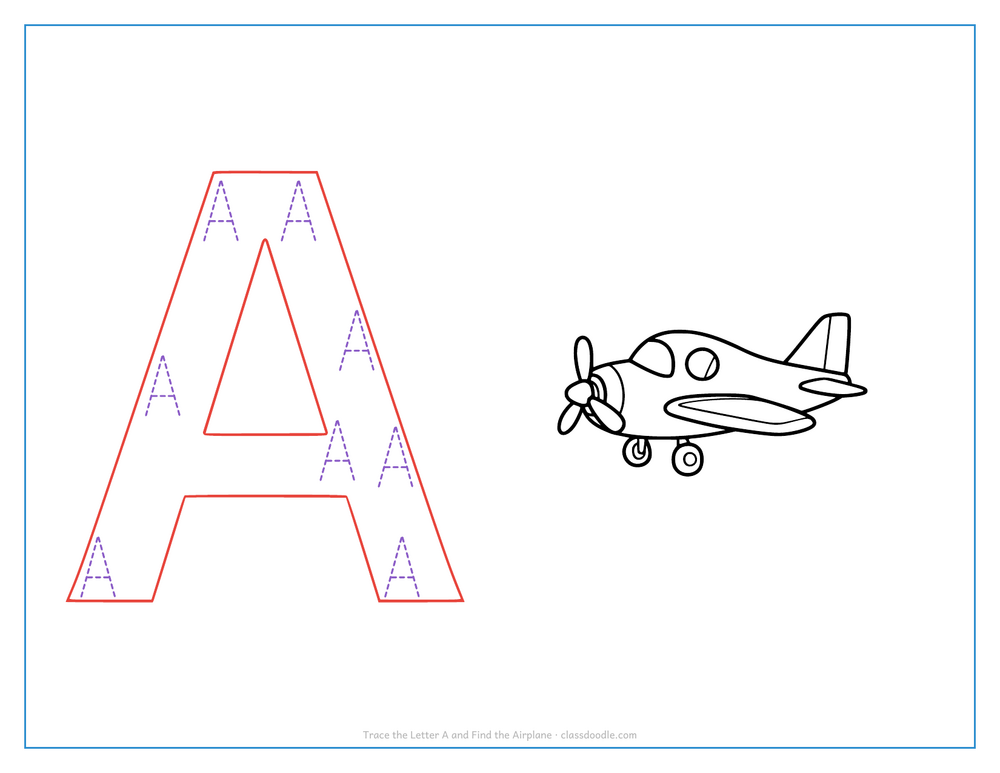 Letter tracing worksheet with a hollow capital A to trace and an airplane for the initial sound