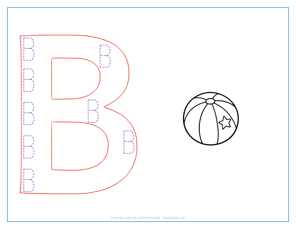 Letter tracing worksheet with a hollow capital B to trace and a beach ball for the initial sound