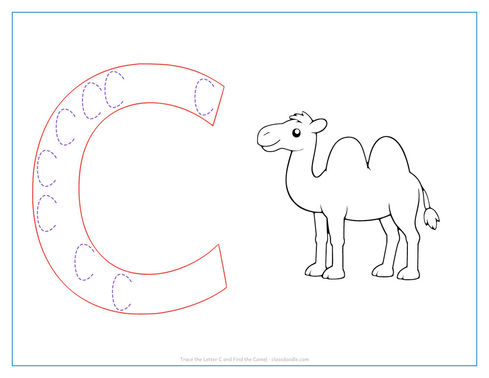 Letter tracing worksheet with a hollow capital C to trace and a camel for the initial sound