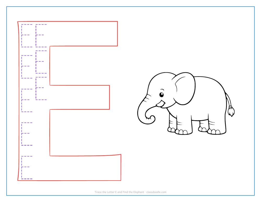 Letter tracing worksheet with a hollow capital E to trace and an elephant for the initial sound