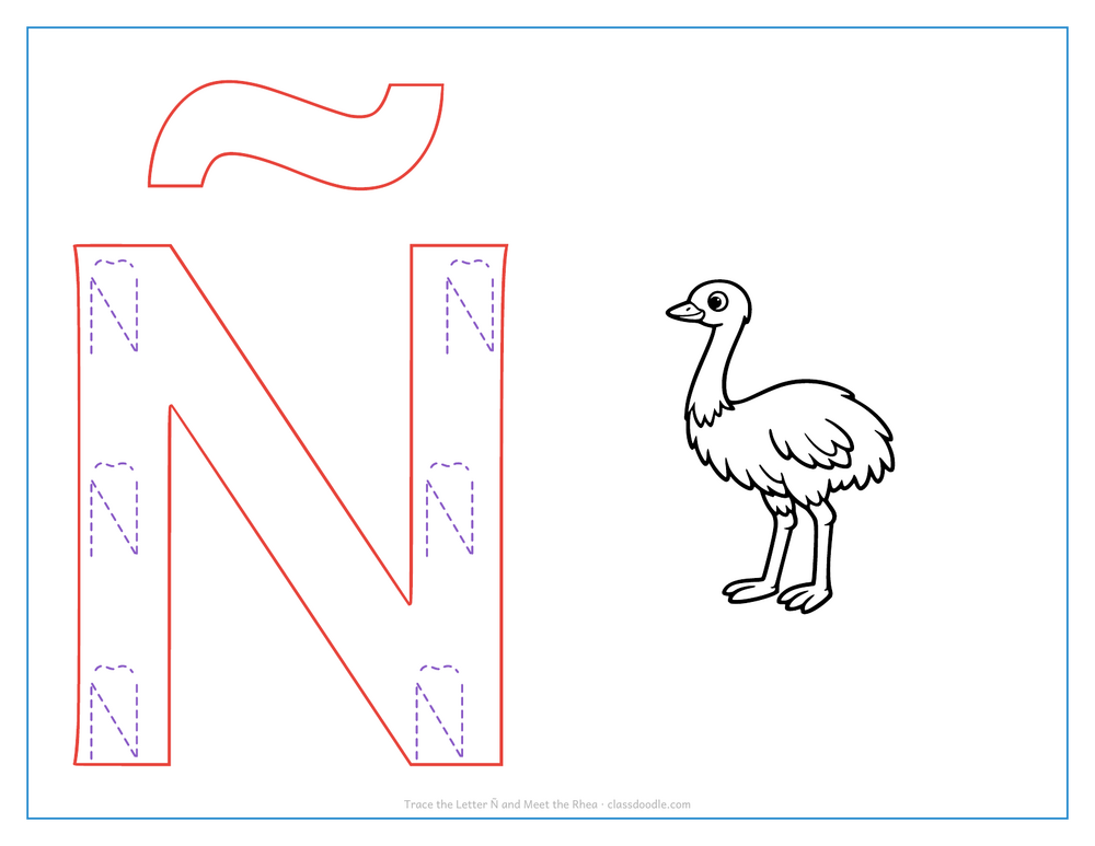 Letter tracing worksheet with a hollow capital Ñ to trace and a rhea beside it