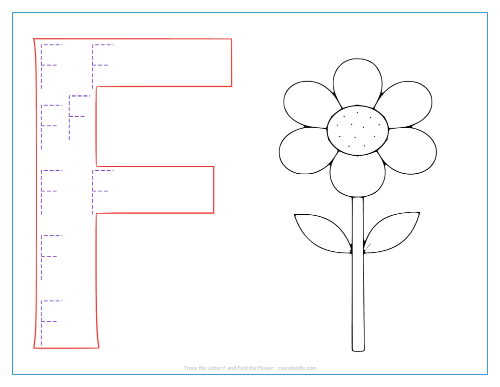 Letter tracing worksheet with a hollow capital F to trace and a flower for the initial sound