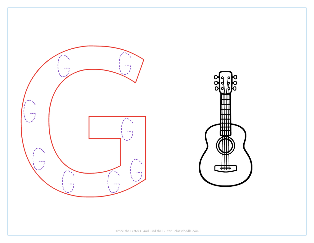 Letter tracing worksheet with a hollow capital G to trace and a guitar for the initial sound