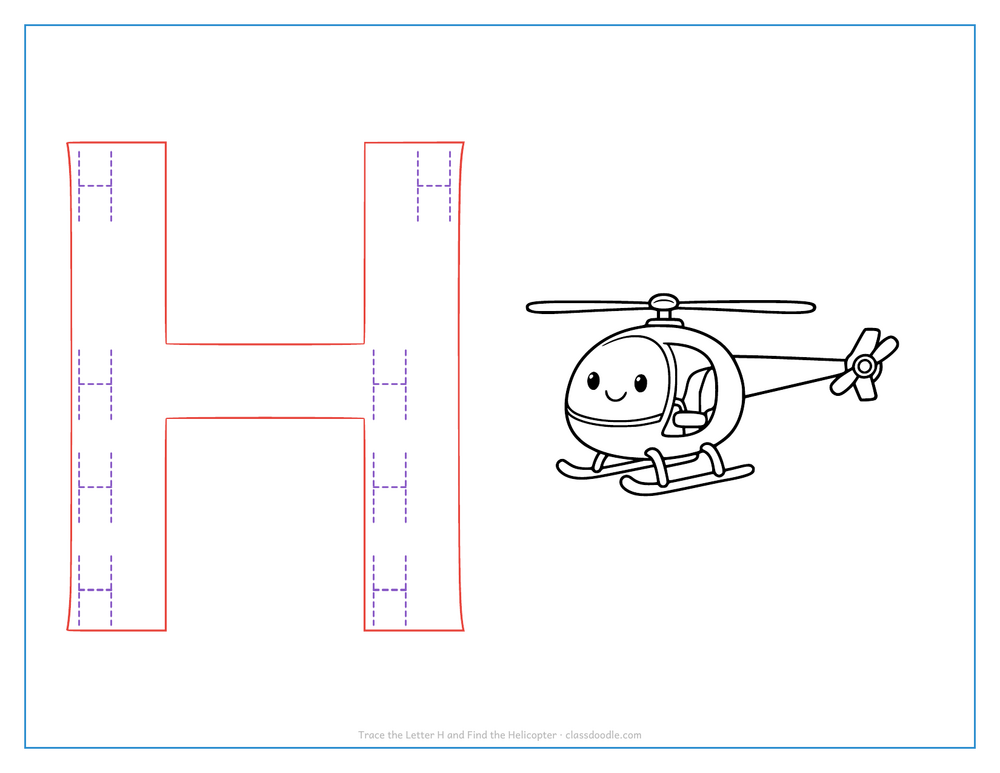 Letter tracing worksheet with a hollow capital H to trace and a helicopter for the initial sound