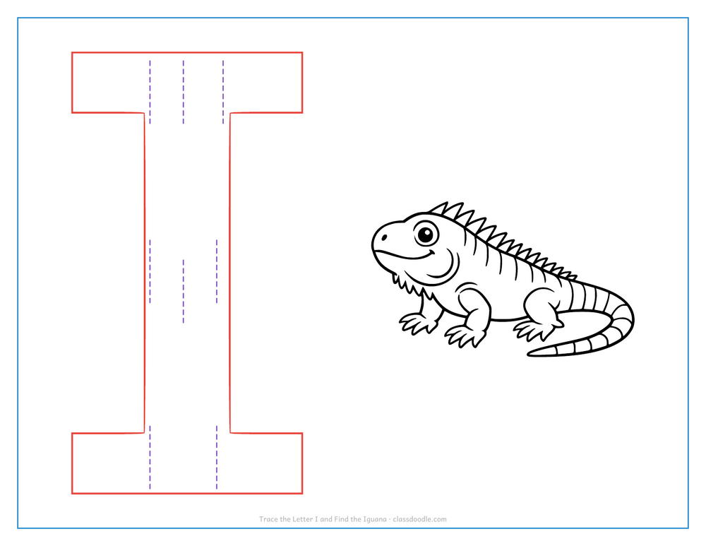 Letter tracing worksheet with a hollow capital I to trace and an iguana for the initial sound