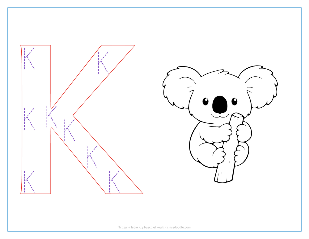 Hoja para trazar la letra K mayúscula hueca con un koala para el sonido inicial