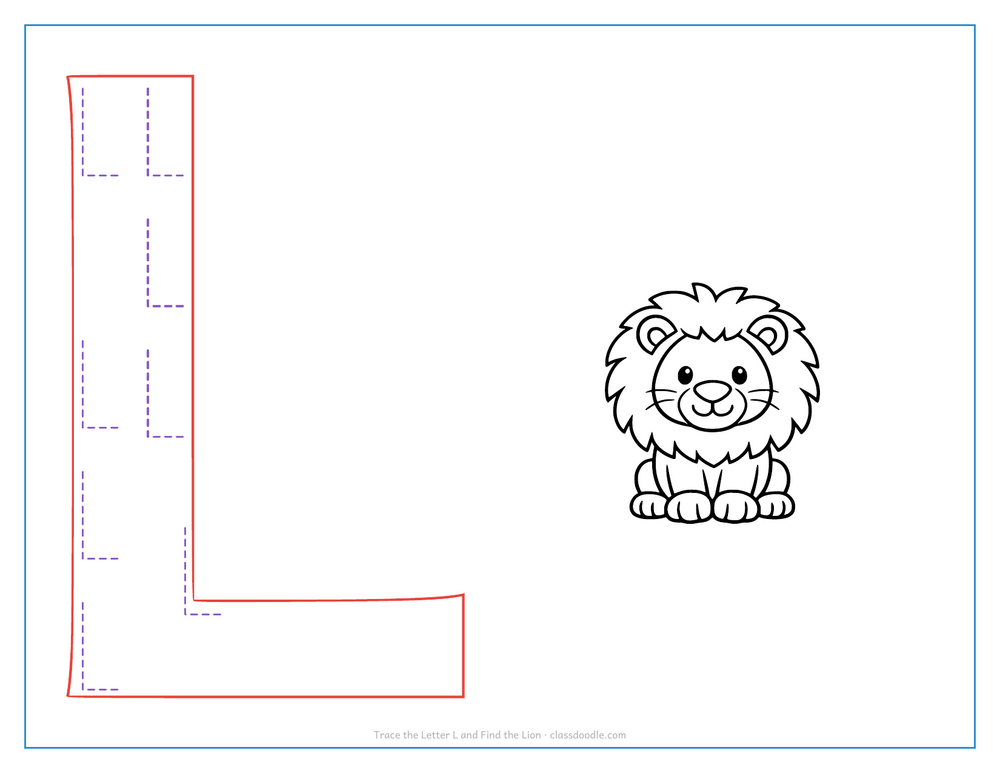 Letter tracing worksheet with a hollow capital L to trace and a lion for the initial sound