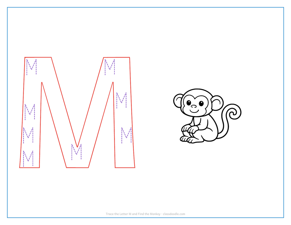 Letter tracing worksheet with a hollow capital M to trace and a monkey for the initial sound