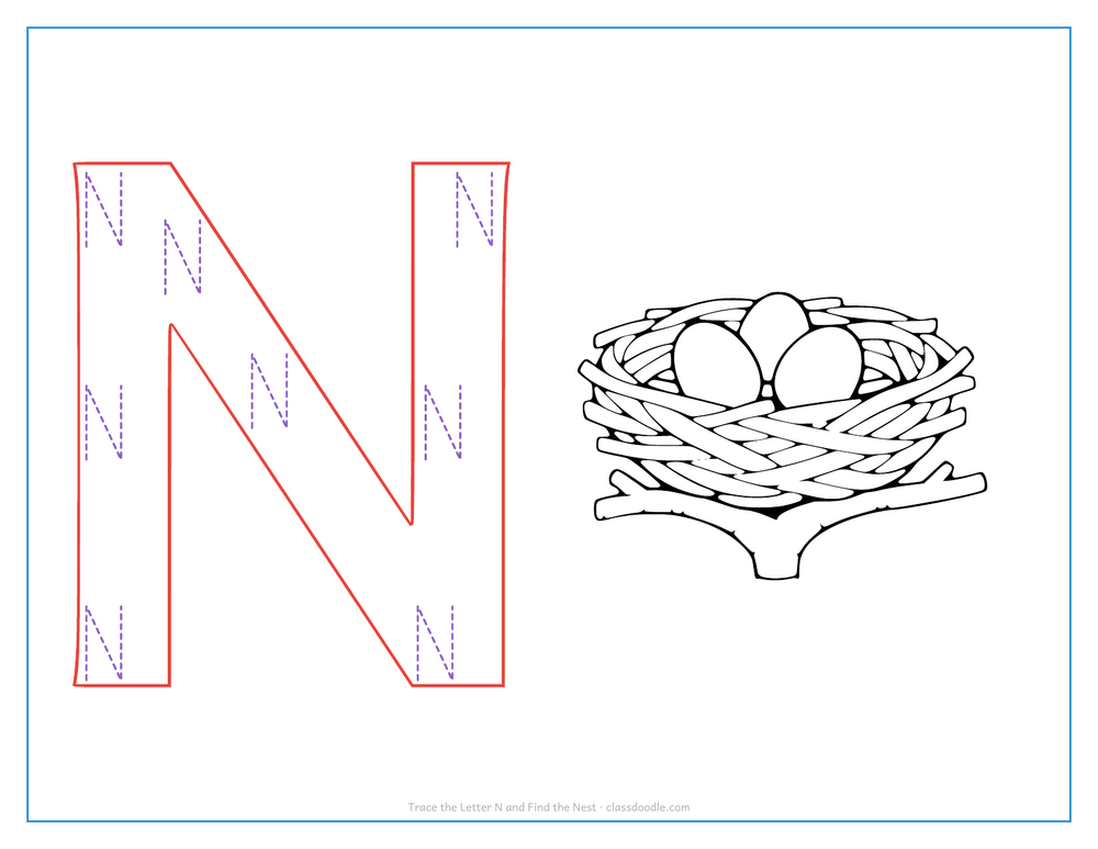 Letter tracing worksheet with a hollow capital N to trace and a nest for the initial sound