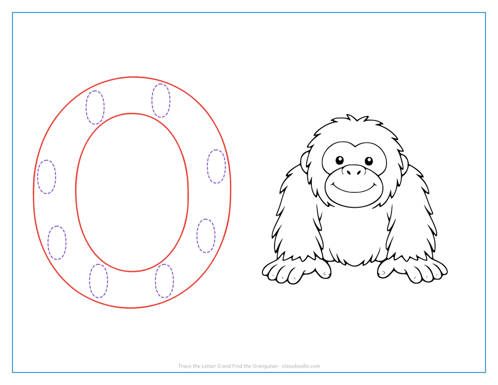Letter tracing worksheet with a hollow capital O to trace and an orangutan for the initial sound