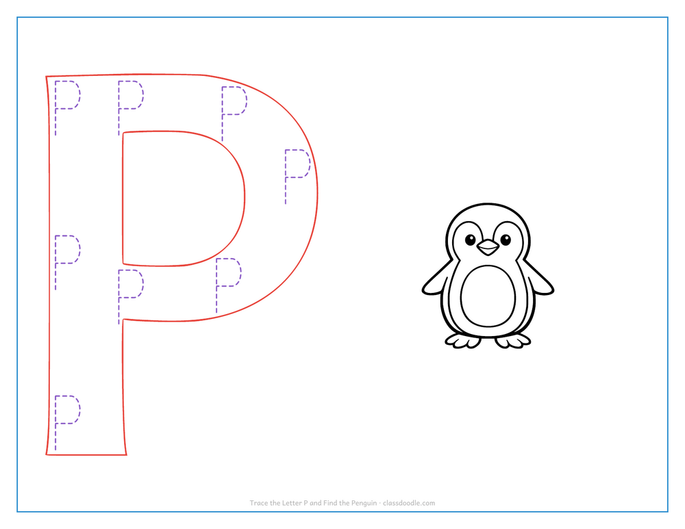 Letter tracing worksheet with a hollow capital P to trace and a penguin for the initial sound