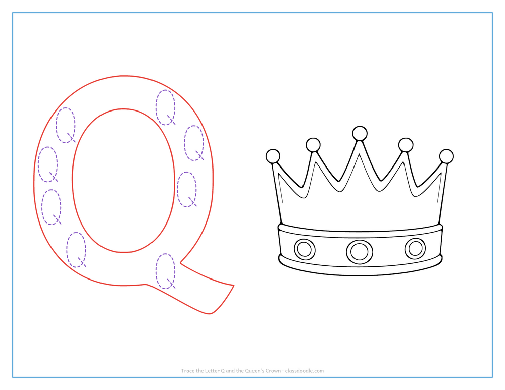 Letter tracing worksheet with a hollow capital Q to trace and a jewelled crown beside it