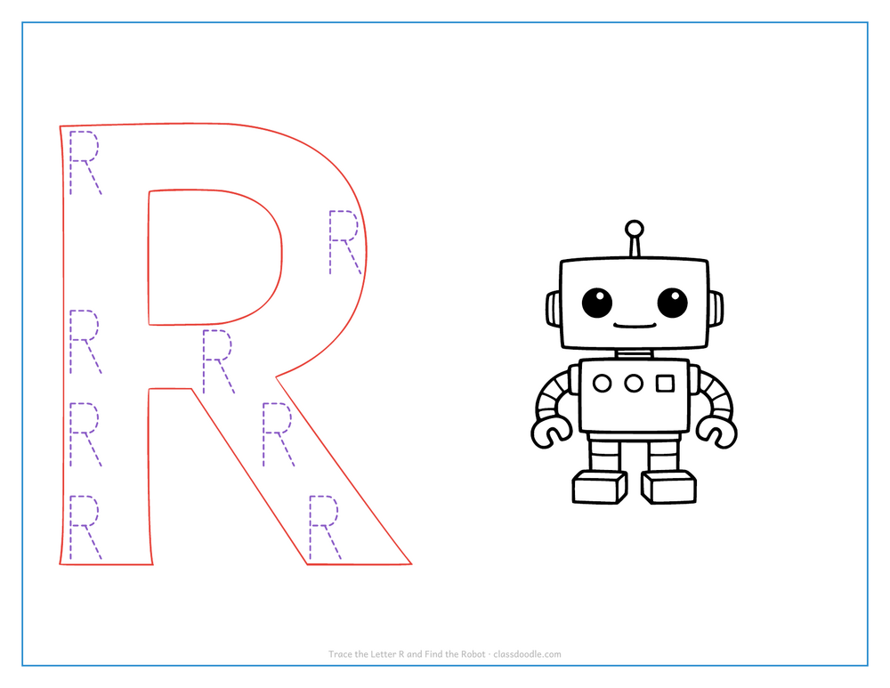 Letter tracing worksheet with a hollow capital R to trace and a robot for the initial sound