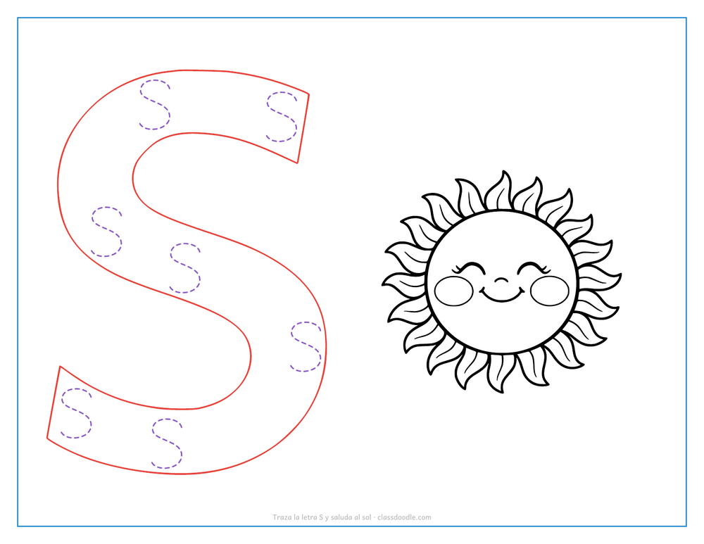 Hoja para trazar la letra S mayúscula hueca con un sol sonriente para el sonido inicial