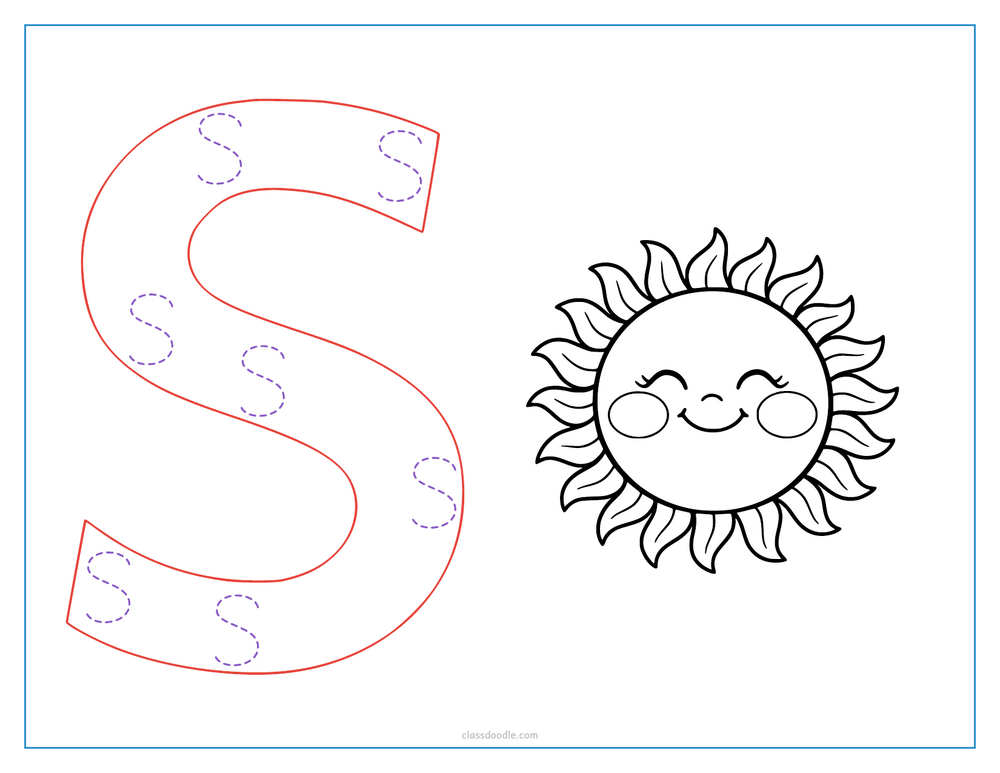 Hoja para trazar la letra S mayúscula hueca con un sol sonriente para el sonido inicial