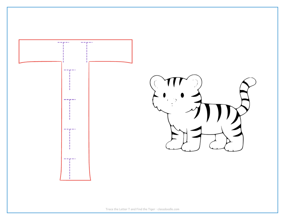 Letter tracing worksheet with a hollow capital T to trace and a tiger for the initial sound