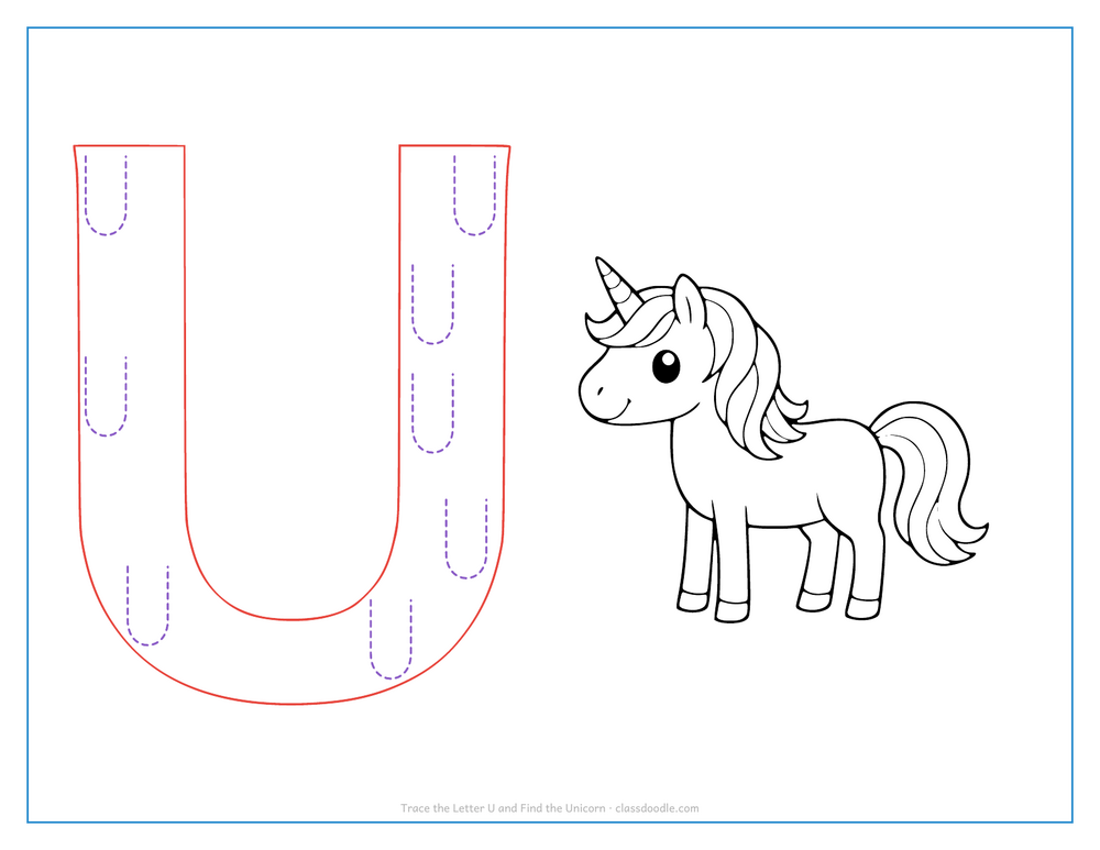 Letter tracing worksheet with a hollow capital U to trace and a unicorn for the initial sound