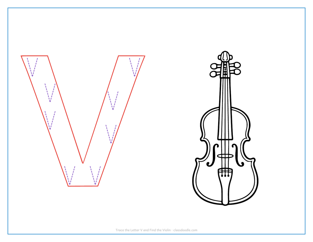 Letter tracing worksheet with a hollow capital V to trace and a violin for the initial sound