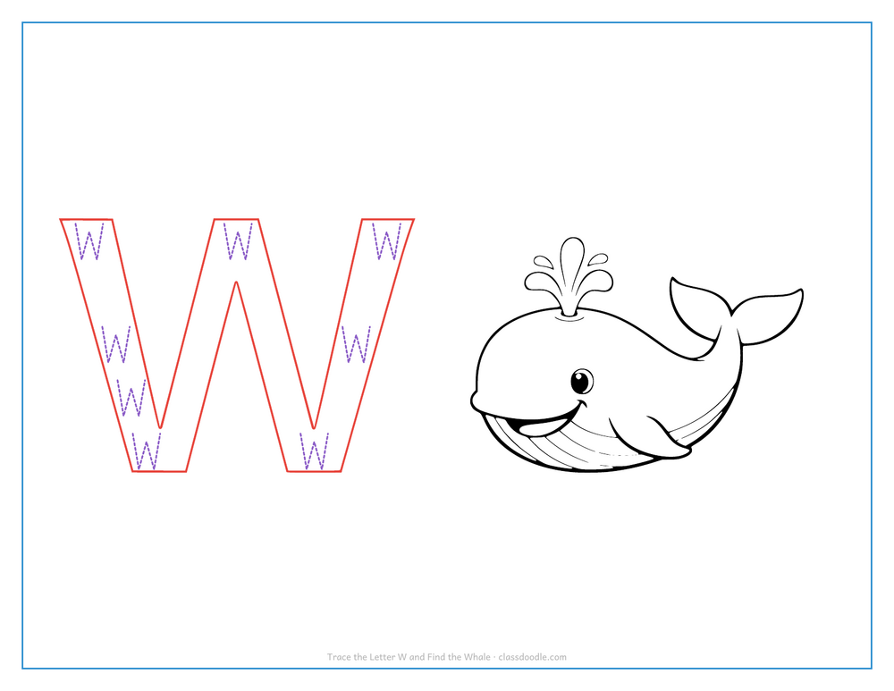 Letter tracing worksheet with a hollow capital W to trace and a spouting whale beside it