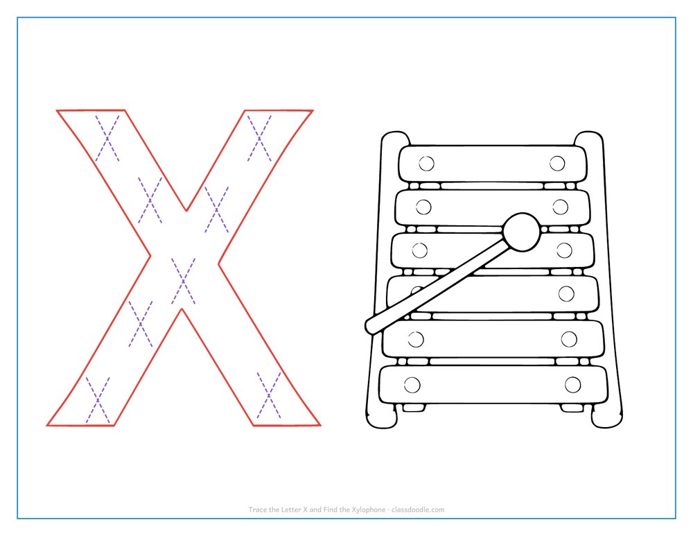 Letter tracing worksheet with a hollow capital X to trace and a xylophone for the initial sound