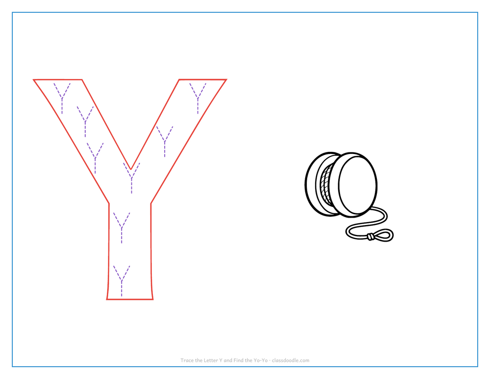 Letter tracing worksheet with a hollow capital Y to trace and a yo-yo for the initial sound