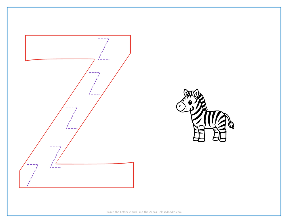 Letter tracing worksheet with a hollow capital Z to trace and a striped zebra beside it