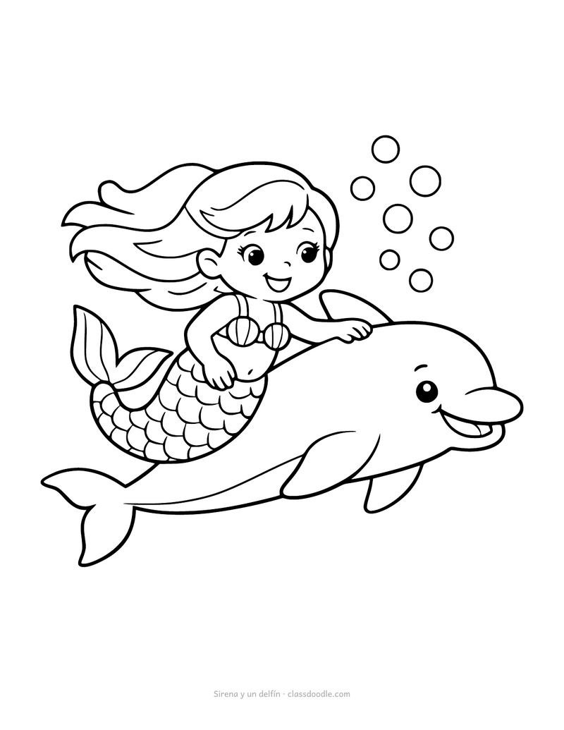 Sirena para colorear nadando junto a un delfín