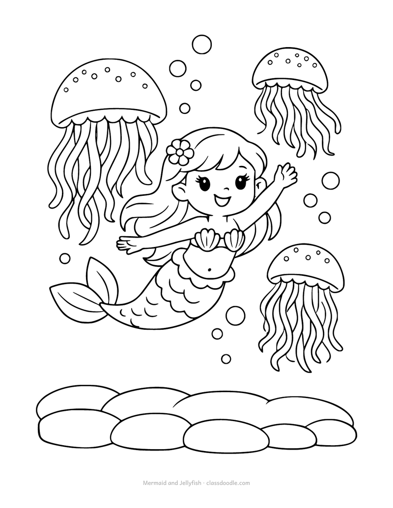 Mermaid coloring page with a mermaid swimming among three jellyfish
