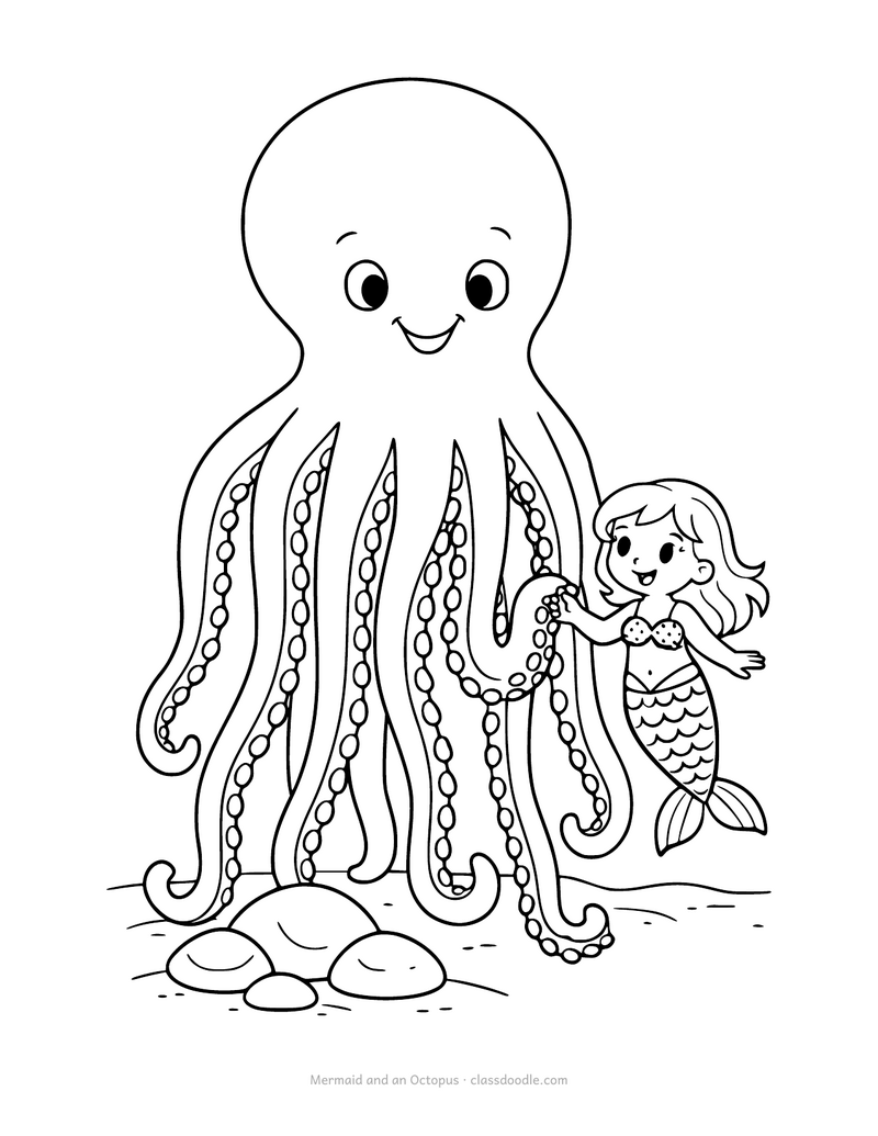 Mermaid coloring page with a mermaid and a smiling octopus