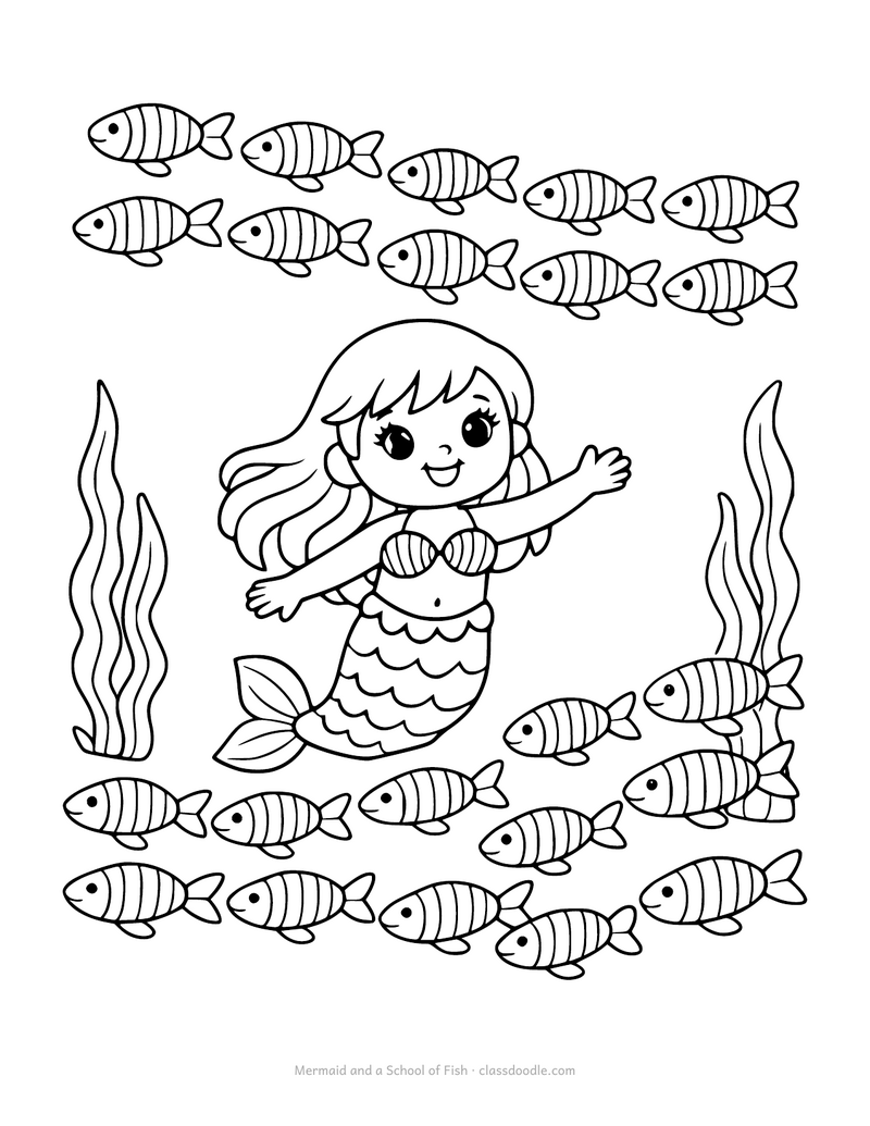 Mermaid coloring page with a school of striped fish swimming past