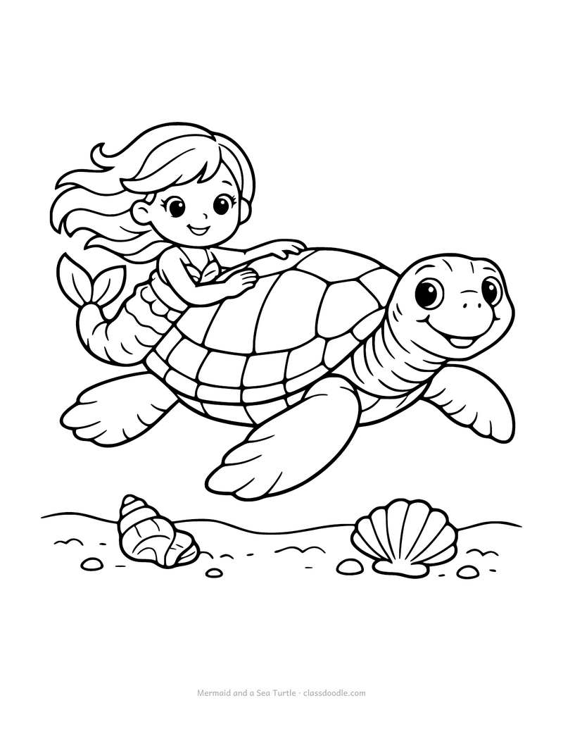 Mermaid coloring page with a mermaid holding onto a sea turtle shell