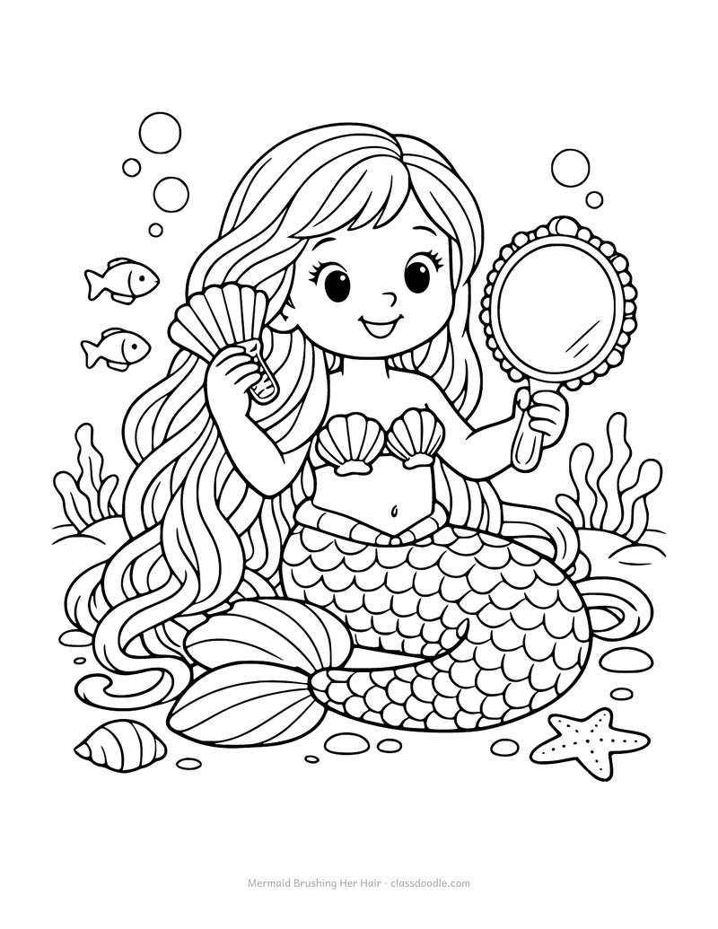 Mermaid coloring page with a mermaid combing her hair with a shell comb