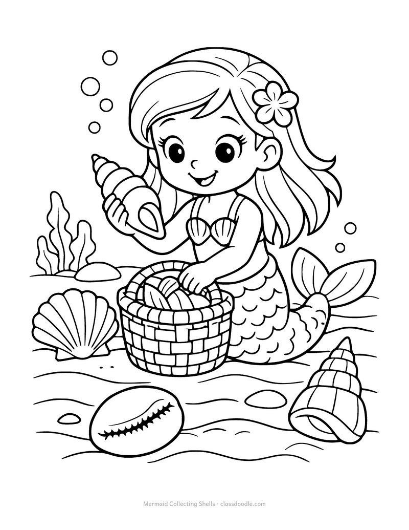 Mermaid coloring page with a mermaid putting seashells into a basket