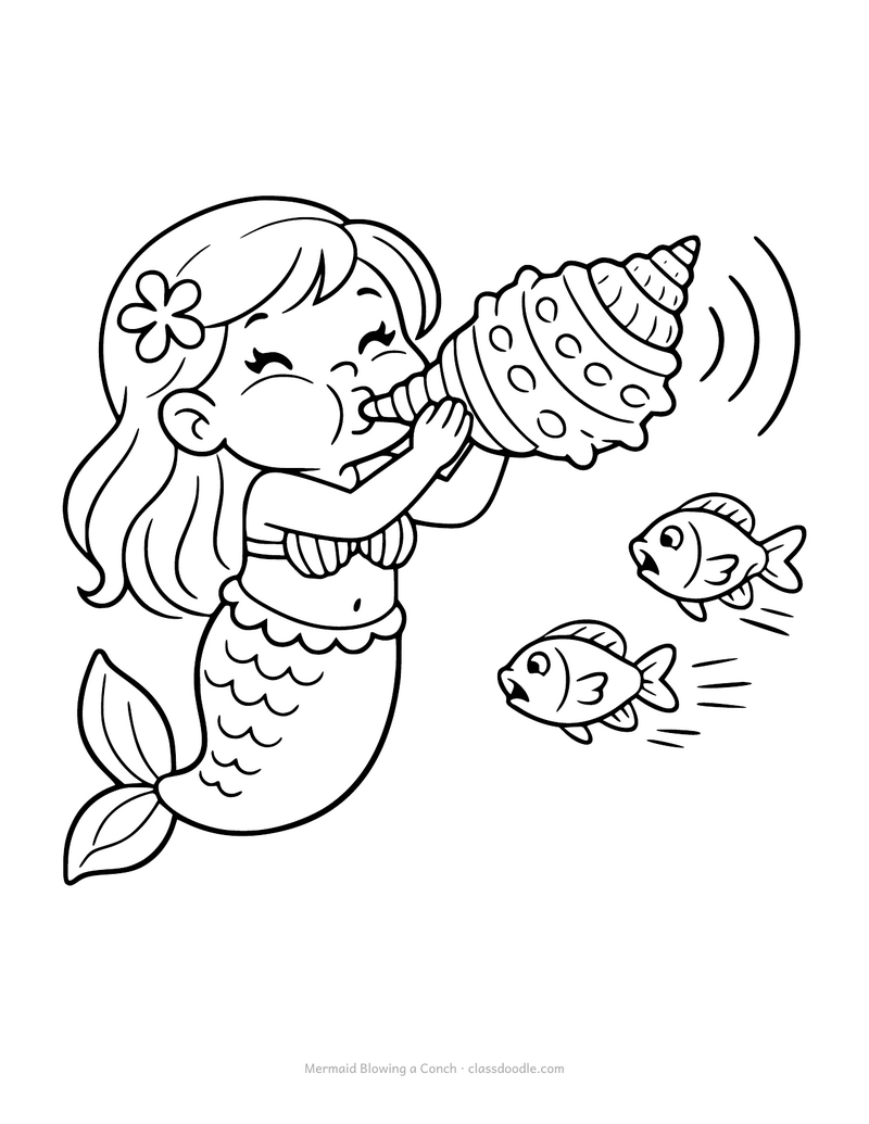 Mermaid coloring page with a mermaid blowing a large spiral conch shell