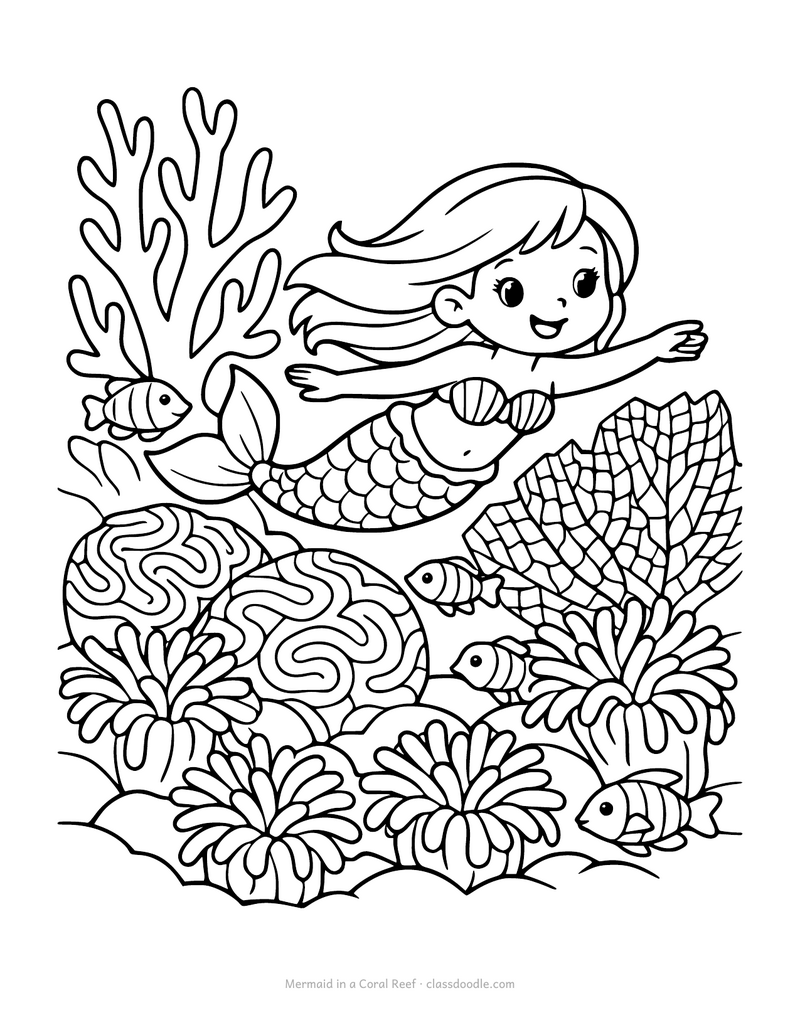 Mermaid coloring page with a mermaid swimming through a coral reef