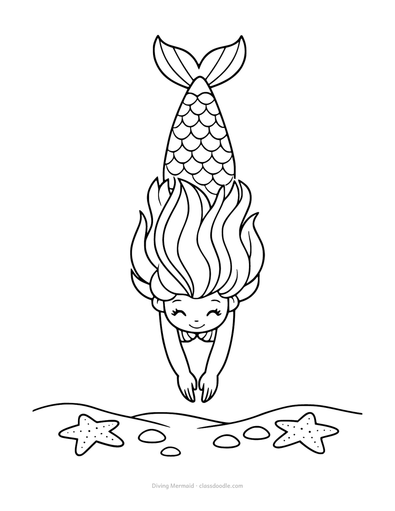 Mermaid coloring page with a mermaid diving down toward the seabed