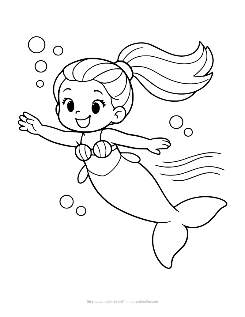 Sirena para colorear con cola lisa de delfín y aleta ancha