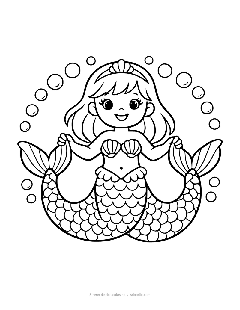 Sirena para colorear con dos colas de escamas enroscadas