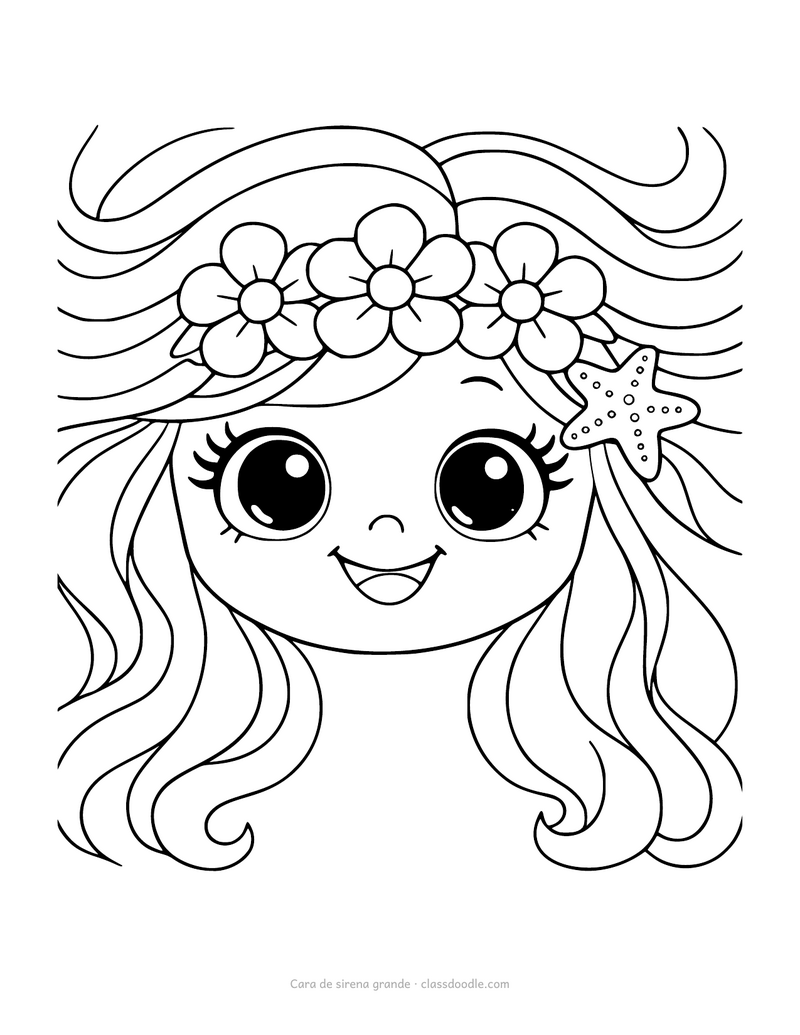 Cara de sirena para colorear con una cabeza gigante sonriente
