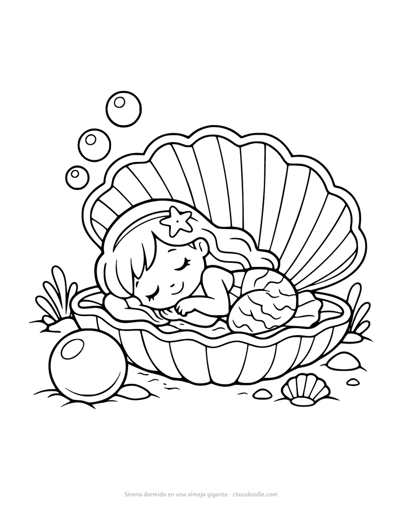 Sirena para colorear dormida dentro de una almeja gigante
