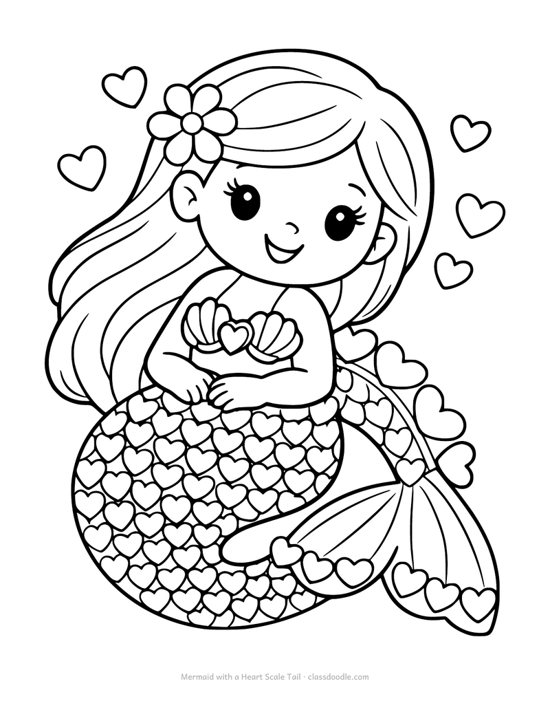Mermaid coloring page with a tail covered in small heart shaped scales