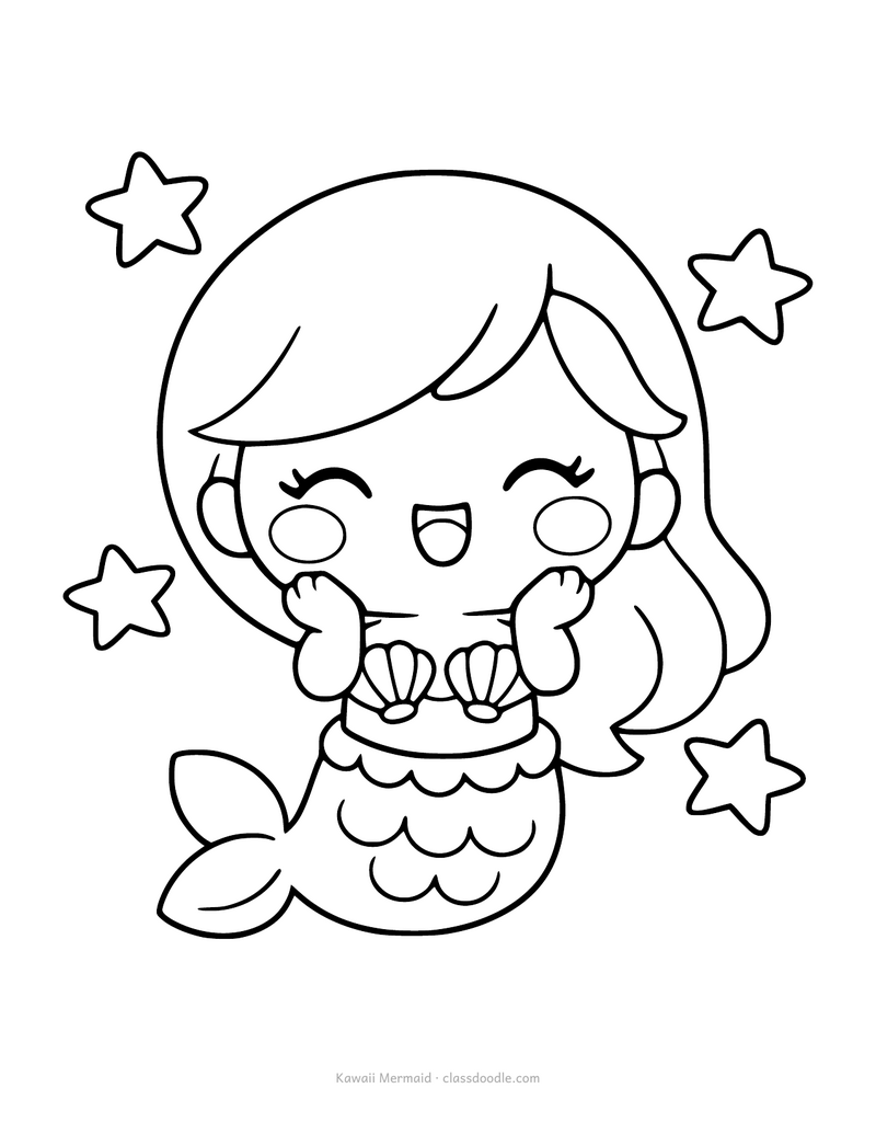 Kawaii mermaid coloring page with a chibi mermaid and floating stars
