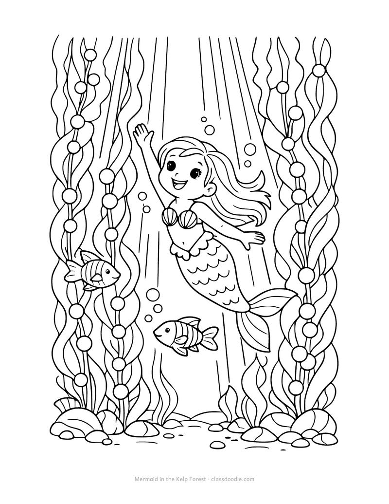 Mermaid coloring page with a mermaid swimming up through a kelp forest
