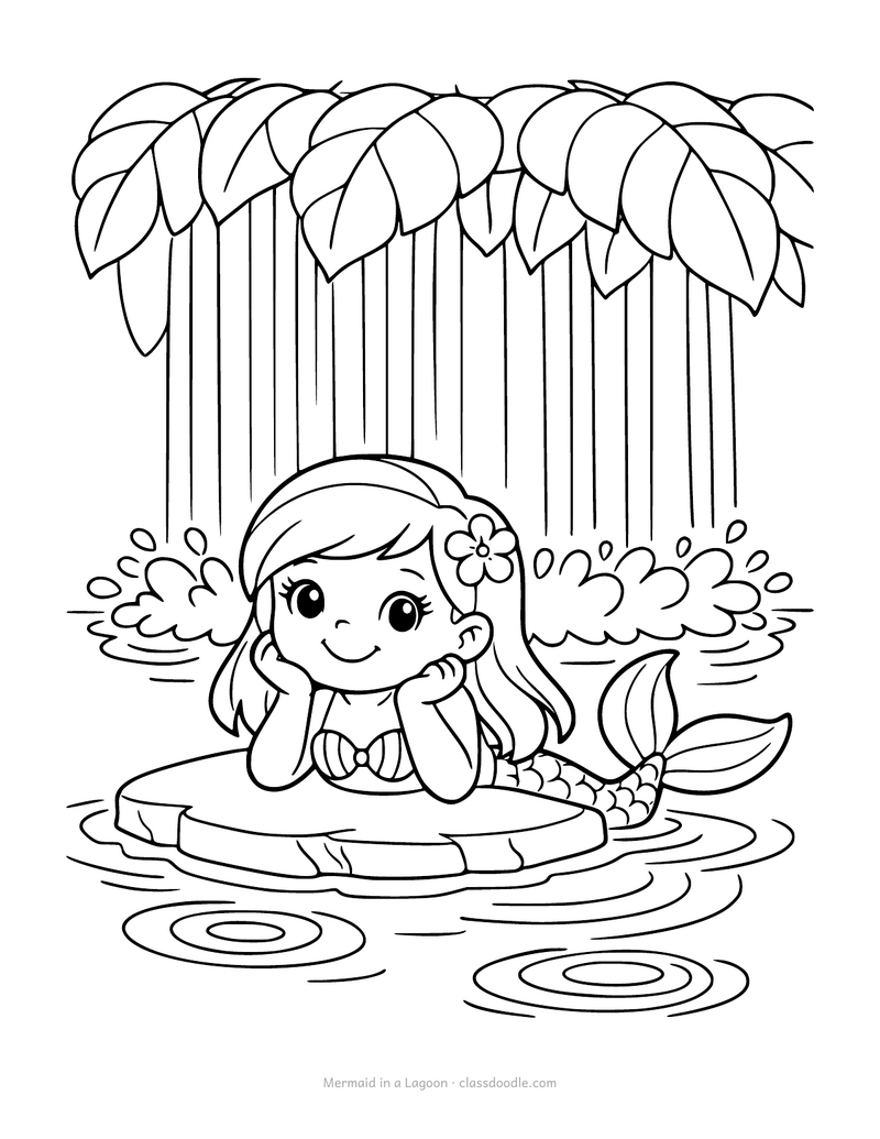 Mermaid coloring page with a mermaid in a lagoon under a waterfall