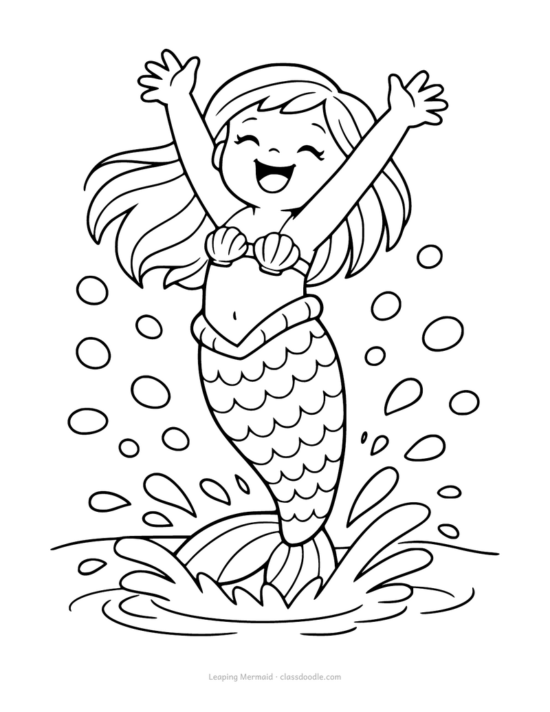 Mermaid coloring page with a mermaid leaping out of the water