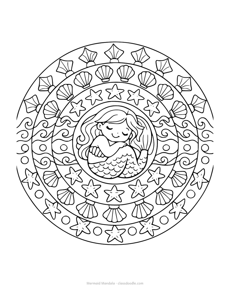 Mermaid mandala coloring page with rings of starfish, shells and curling waves