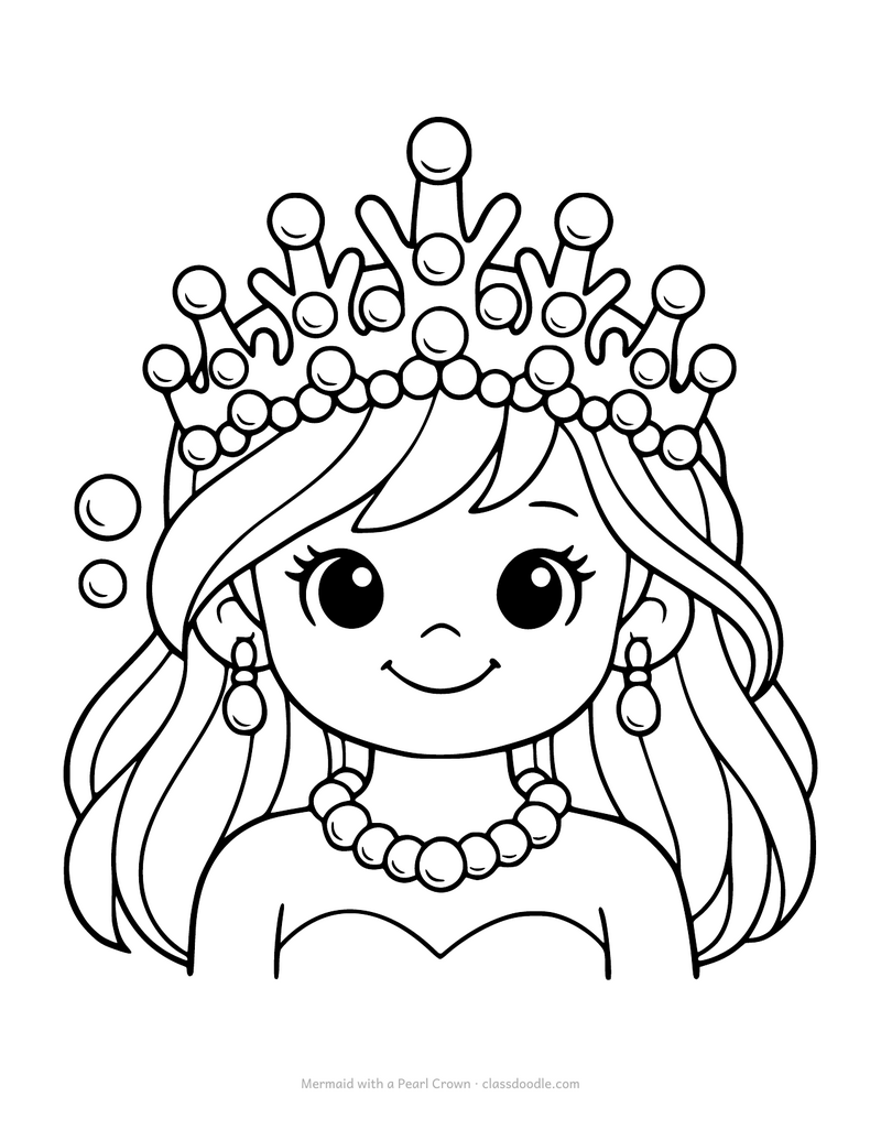 Mermaid coloring page with a mermaid wearing a crown and necklace of pearls