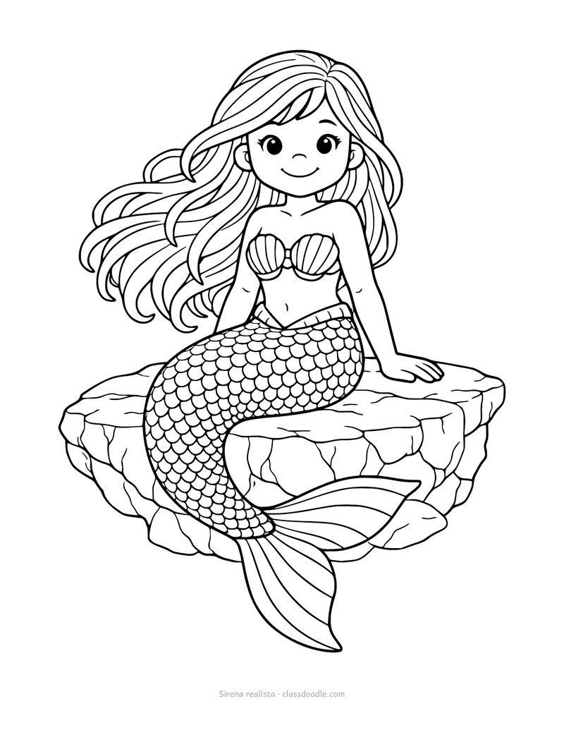 Sirena realista para colorear con escamas detalladas y el pelo mechón a mechón